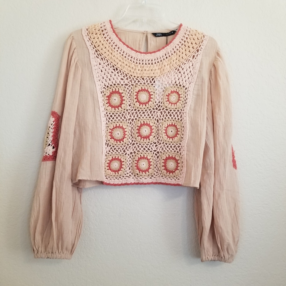 NWT Zara Granny Square Crochet Knit Blouse M